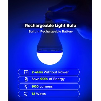 Rechargeable Light Bulbs[2 Pack], LED Emergency Blue Light Bulb, 12W, 1200mAh Battery Backup Light Bulb for Home, Party Decoration, Porch