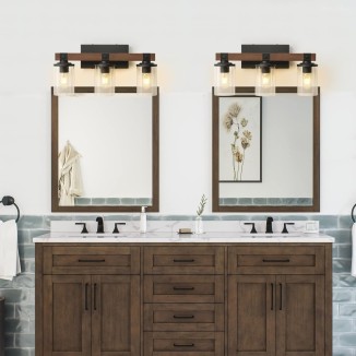 Bathroom Light Fixtures Over Mirror, Black Farmhouse Vanity Light Fixtures Rustic Vintage Wood Bathroom Wall Light Fixtures 3 Light with Clear Glass Shade for Bathroom Bedroom Hallway