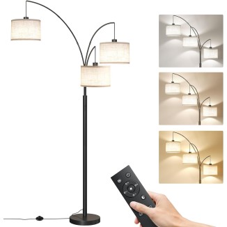 3 Lights Floor Lamp with Remote Control and 3 Stepless Dimmable Bulbs, 78" Tall Standing Lamp with Hanging Drum Shade & Heavy Base, Modern Arc Floor Lamps for Living Room, Bedroom, Office