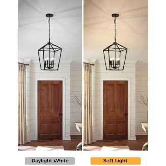 Black 4-Light Farmhouse Chandelier Lighting Fixture, Industrial Ceiling Light Over Table with Metal Cage, Adjustable Height E12 Base, Lantern Chandeliers for Dinning Room, Kitchen Island, Entry