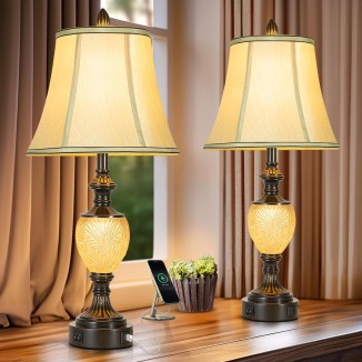 28'' High Vintage Table Lamp Set of 2 for Living Room Farmhouse Bedside Lamp with Fabric Shades Boho Nightstand Lamp with USB and Nightlight for Bedroom Home Office Hotel Bar (Led Bulb Included)